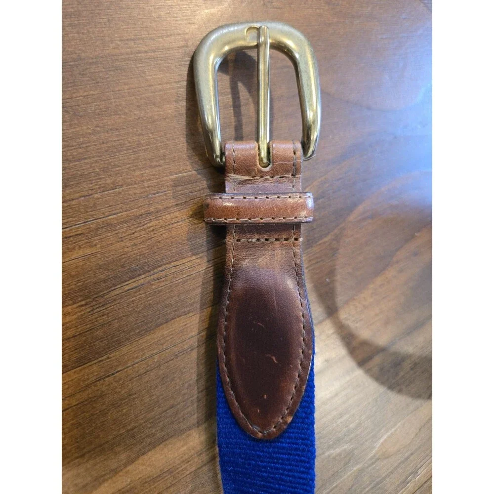 S/2 Torino Belts Mens 36 Blue & Green Woven Stretch Belt Brown Leather Trim USA